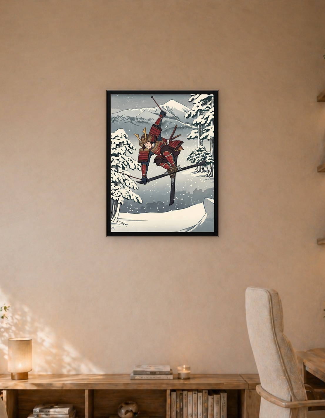 Samurai Skier in Snowy Landscape
