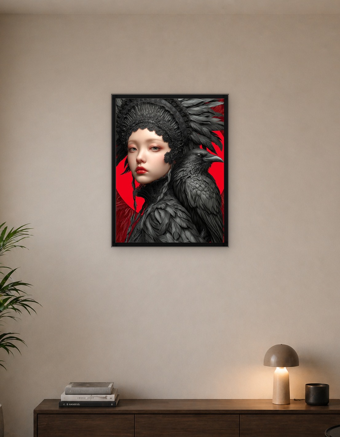 Raven Queen Portrait with Red Backdrop