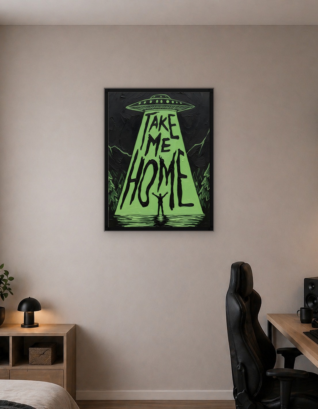 UFO Abduction with 'Take Me Home' Text