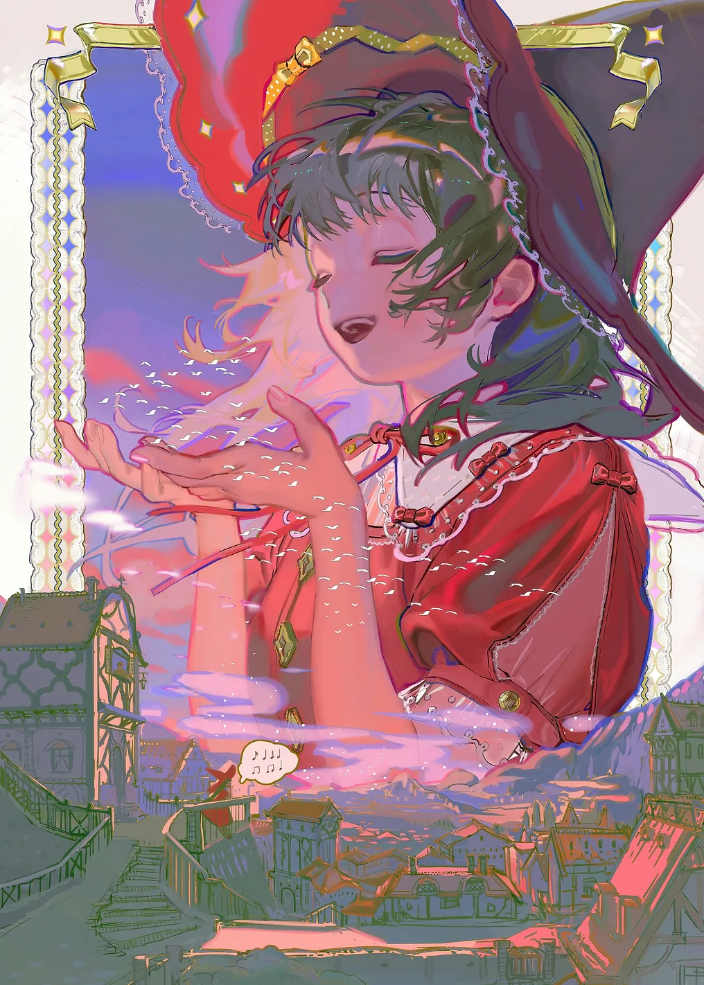 Whimsical Witch Blowing Birds Over Town