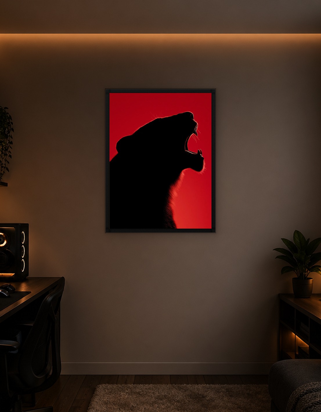 Roaring Lion Silhouette on Red