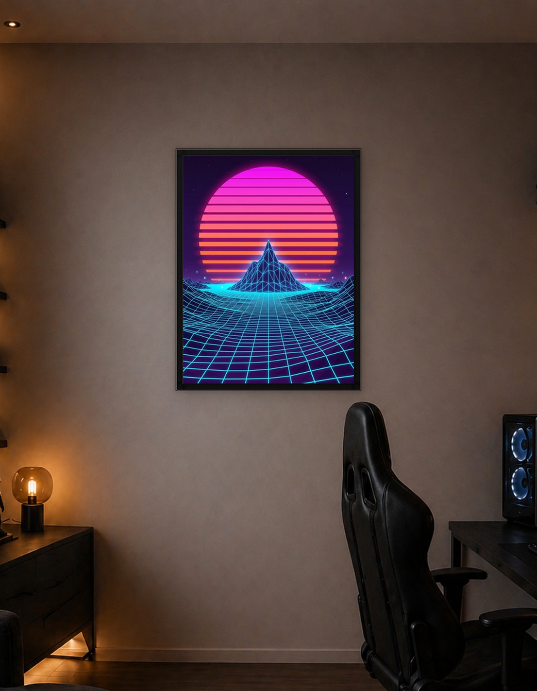 Retro Sunset Mountain Grid Landscape