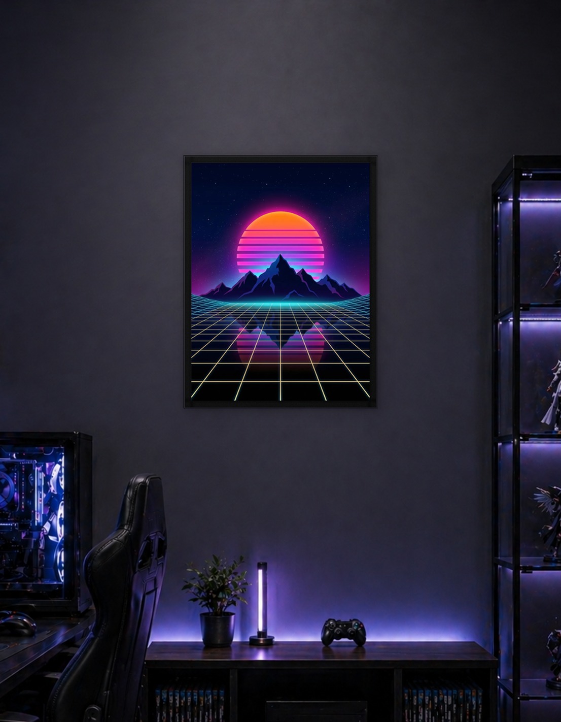 Retro Sunset Mountains Grid Landscape
