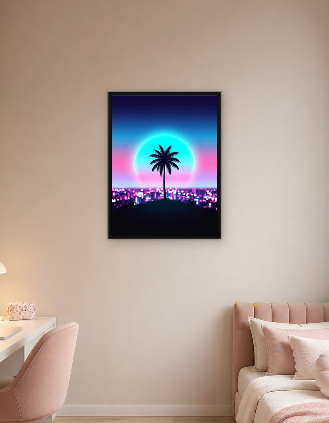 Retro Sunset Palm Tree Cityscape