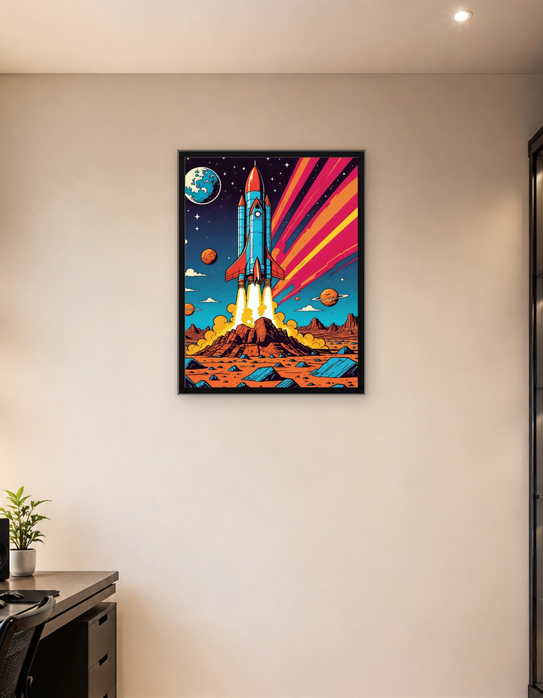 A retro comic style colors vector art of a Rocket Launch into Space