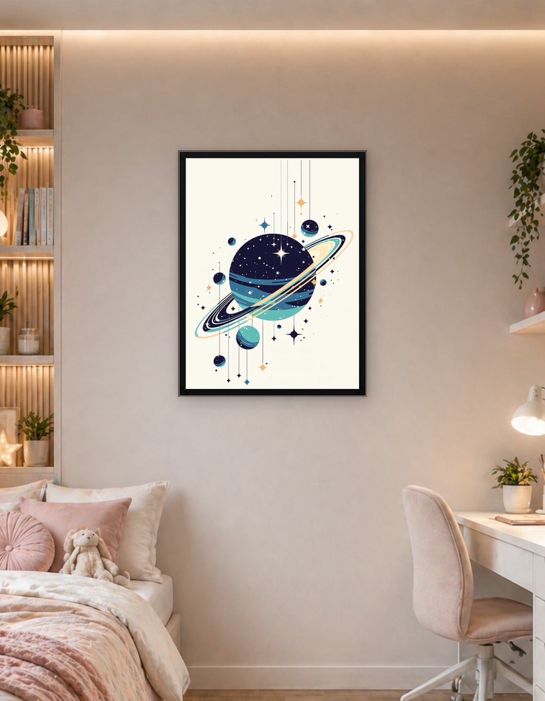 Retro Space Planet with Rings and Stars