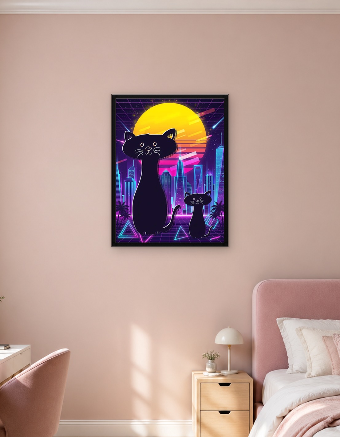 Retro Cats in Neon Cityscape