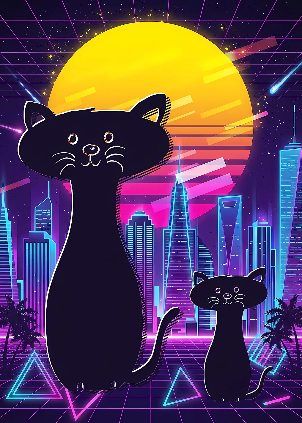 Retro Cats in Neon Cityscape