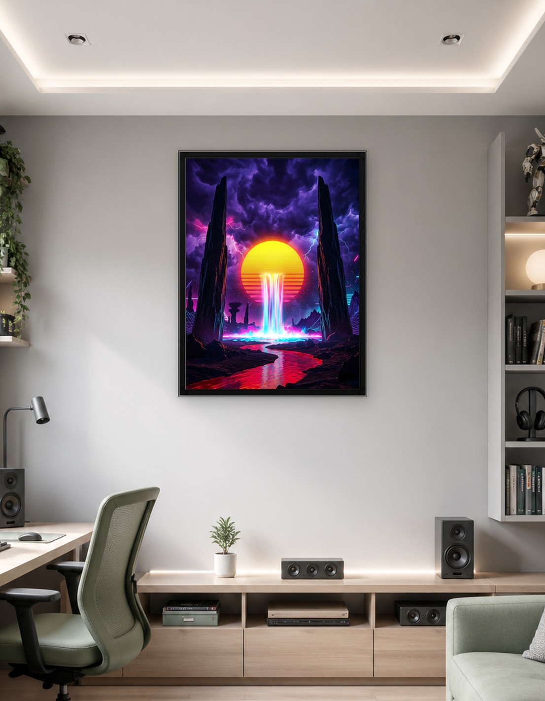 Retro Futuristic Landscape with Waterfall Sun