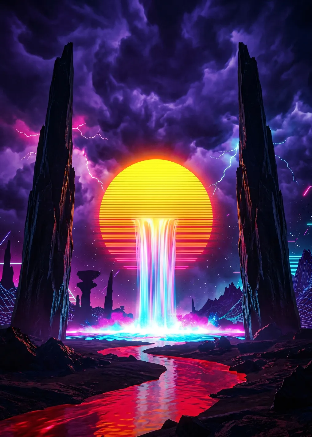 Retro Futuristic Landscape with Waterfall Sun