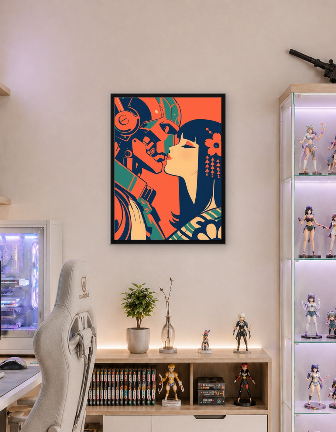Robot and Geisha Kissing Anime Art