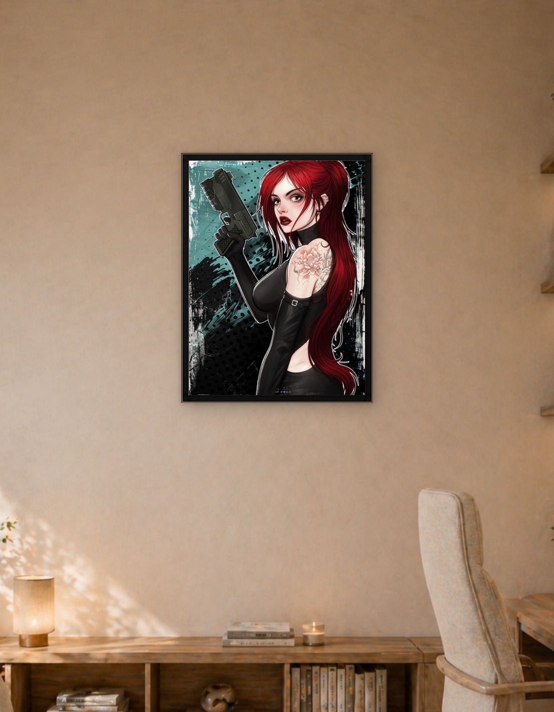 Redhead woman with gun and tattoo
