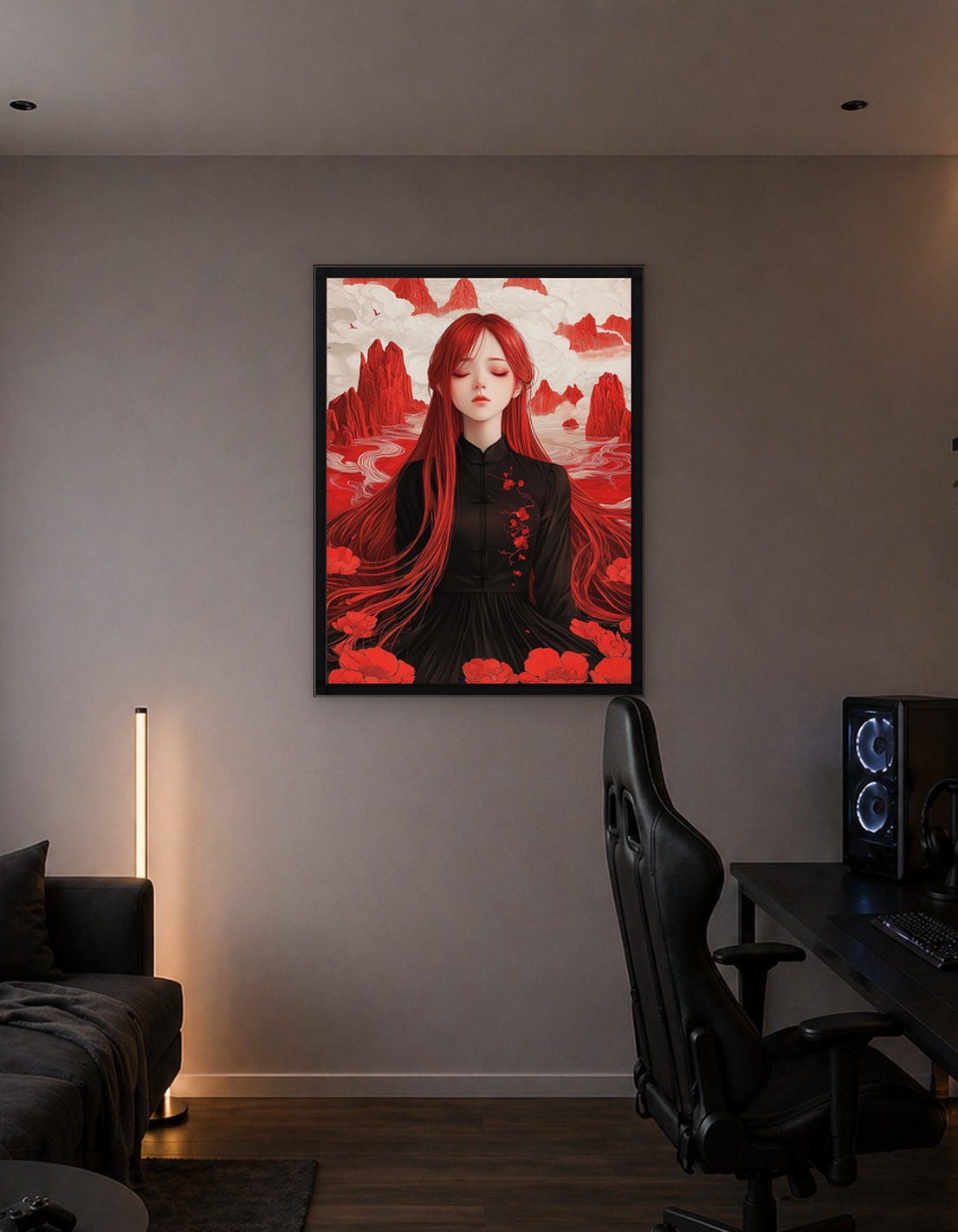 Red-haired woman in Asian landscape