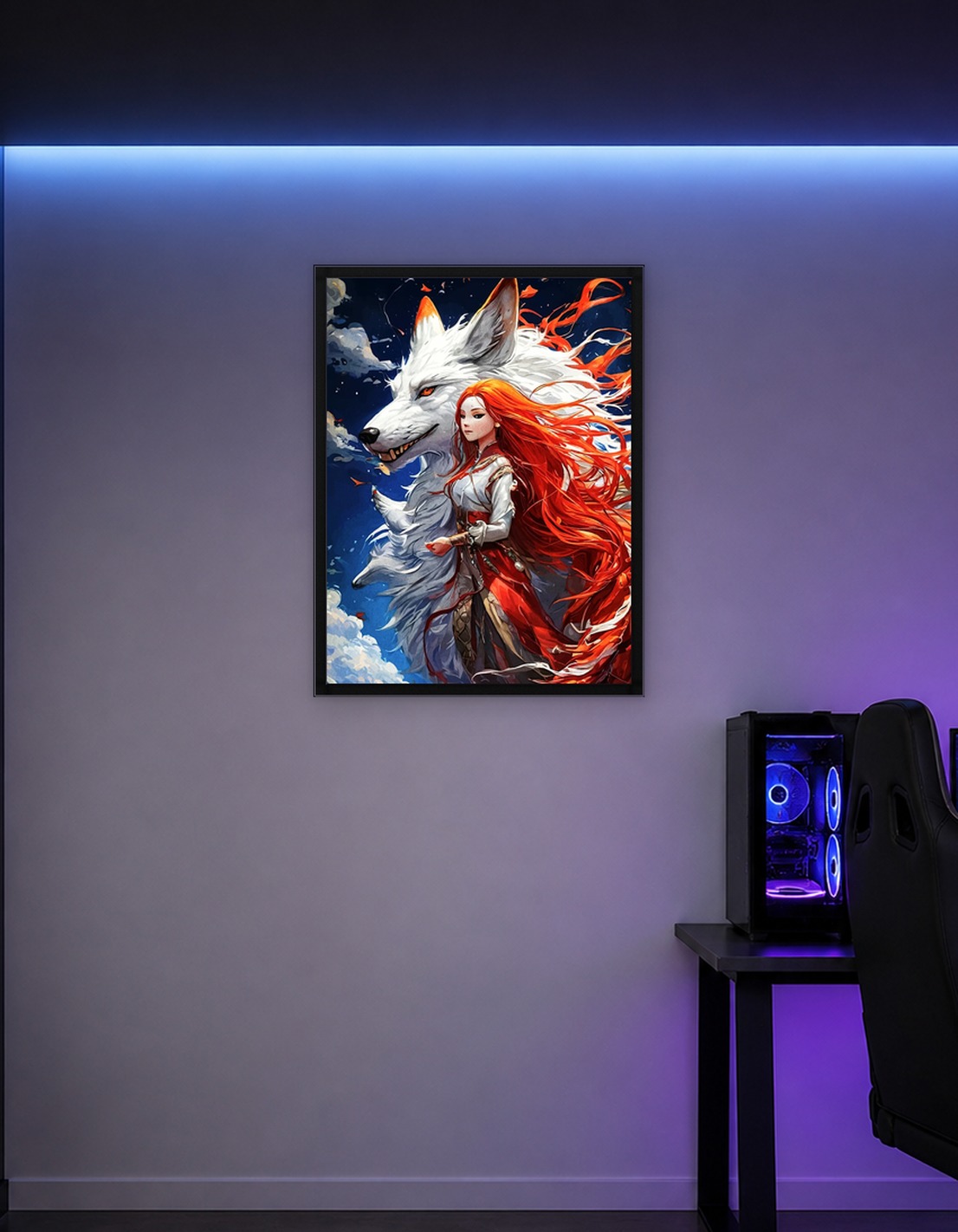 Red-haired woman with white wolf companion