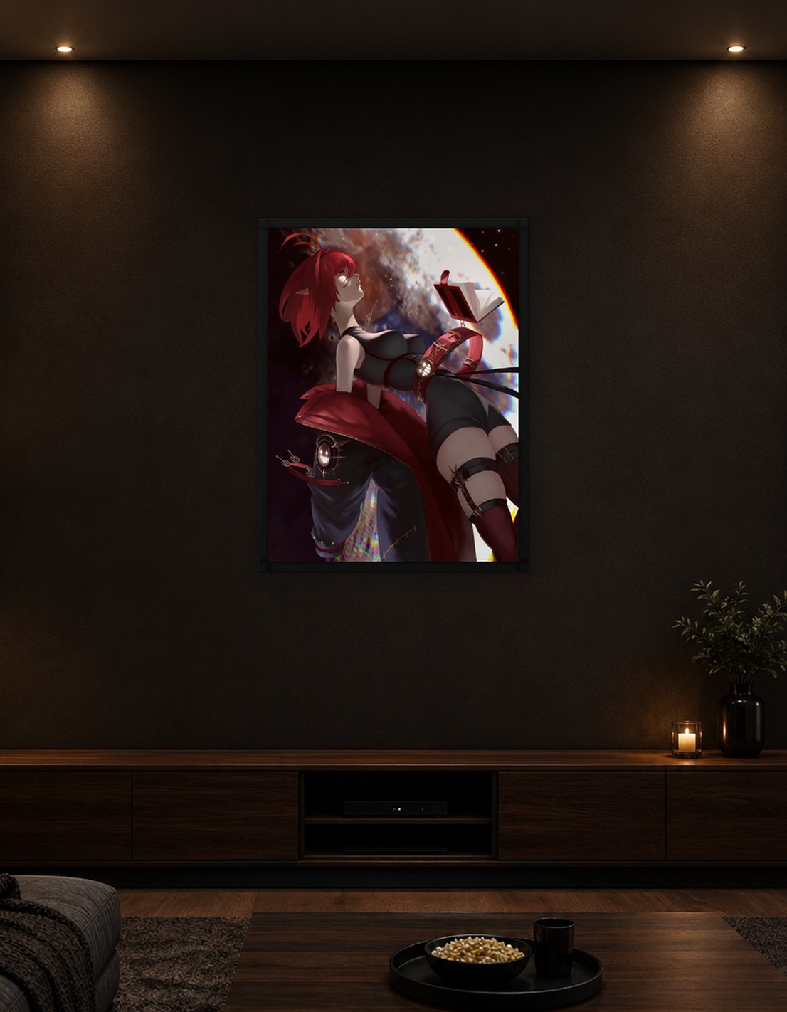 Red-haired woman with book in space