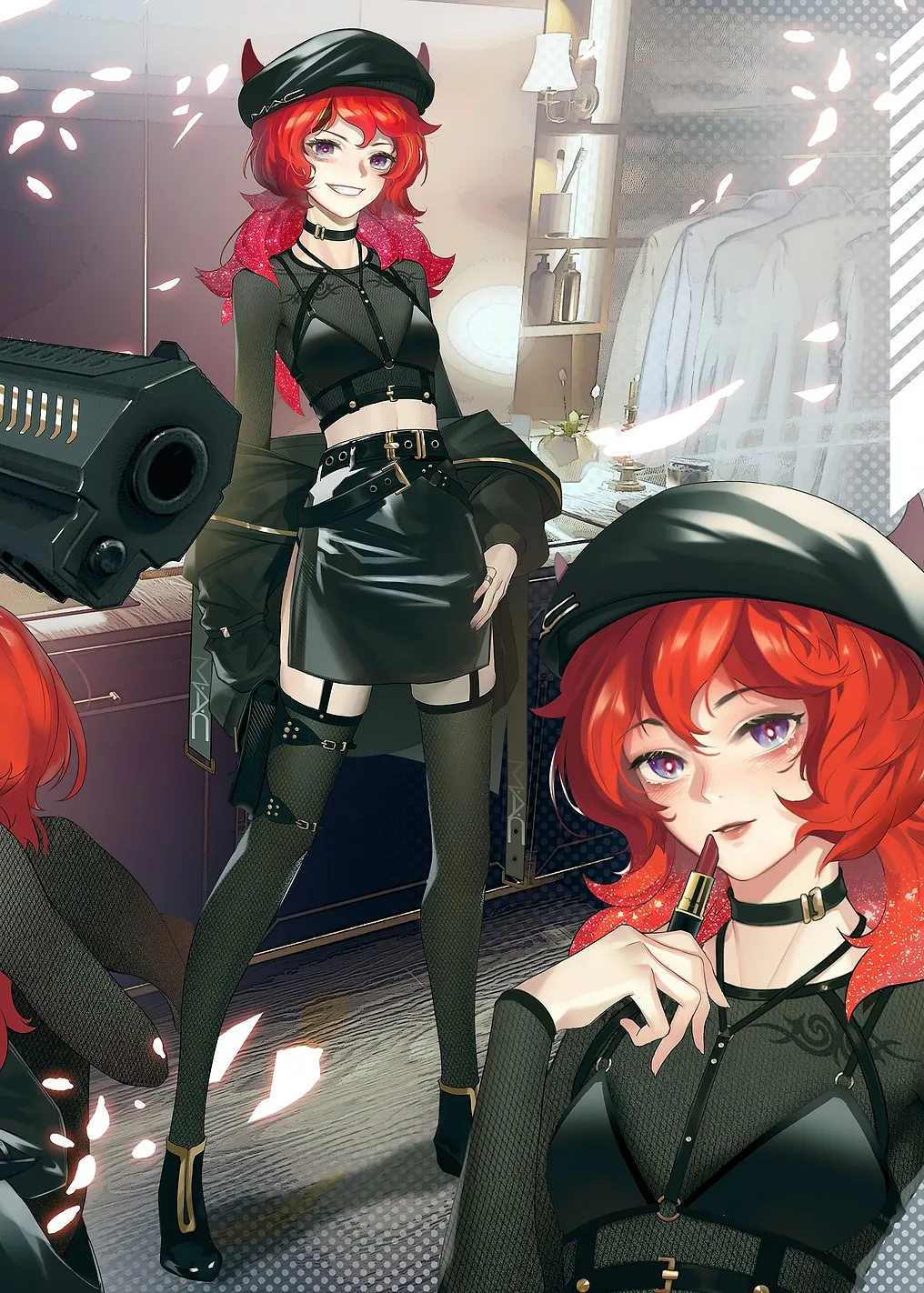 Red-haired woman with gun and lipstick