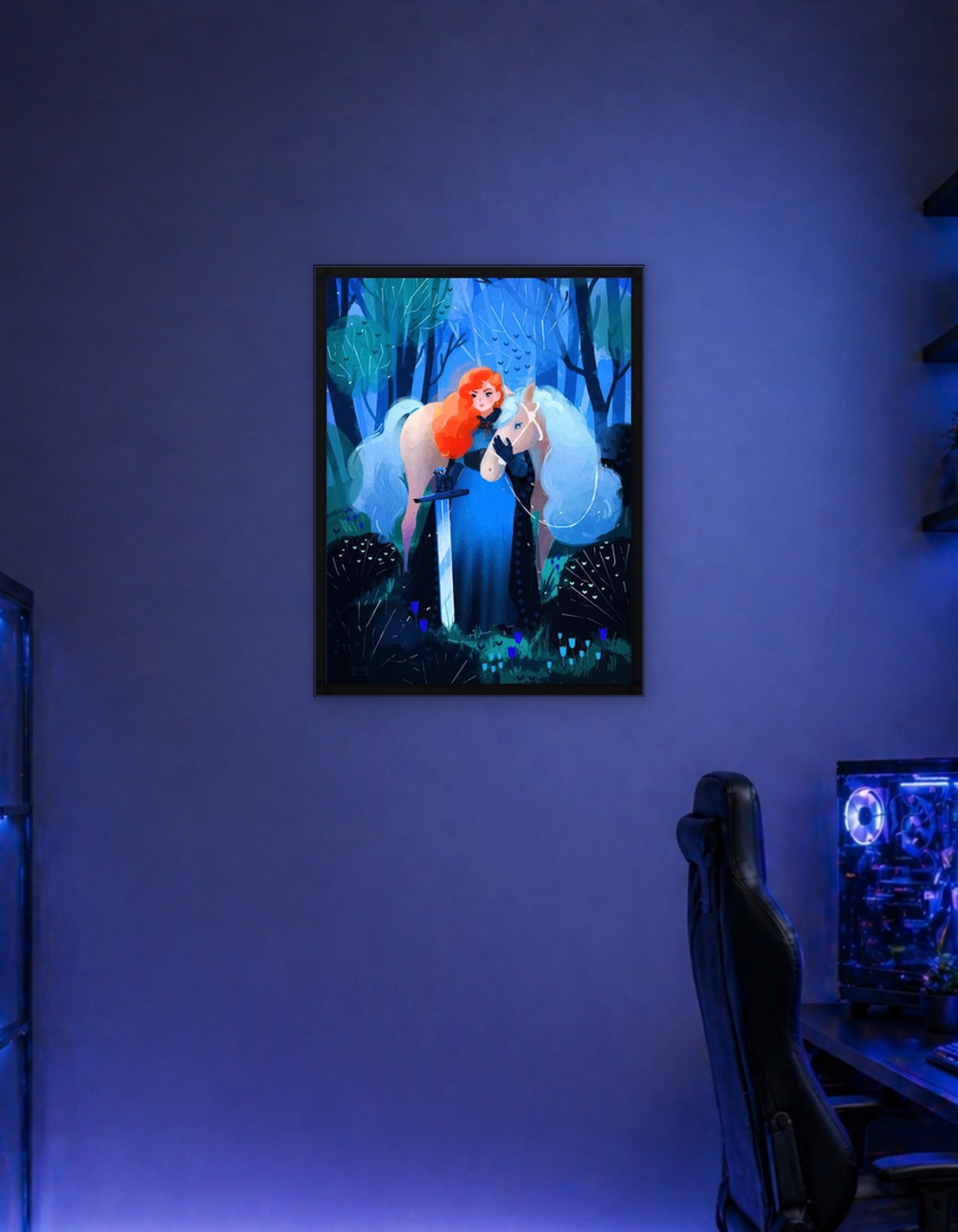 Red-haired Knight with Horse in Forest