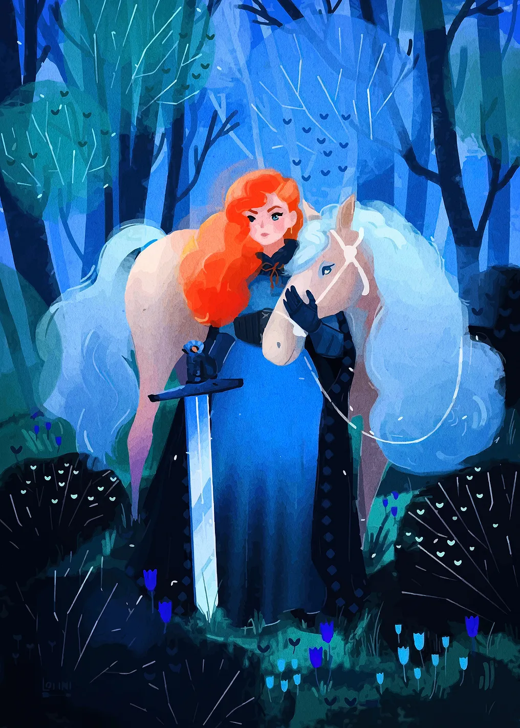 Red-haired Knight with Horse in Forest
