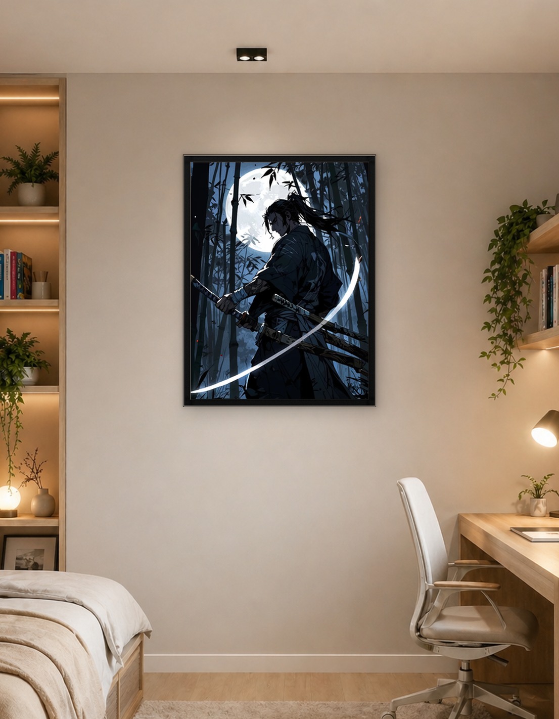 Samurai in Bamboo Forest Under Moonlight