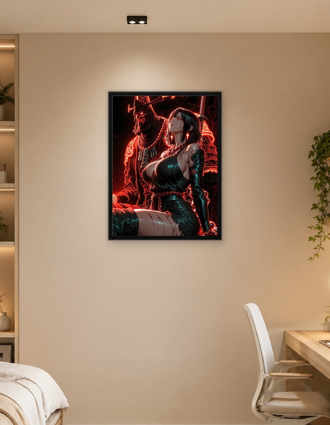 Samurai and Woman with Red Neon