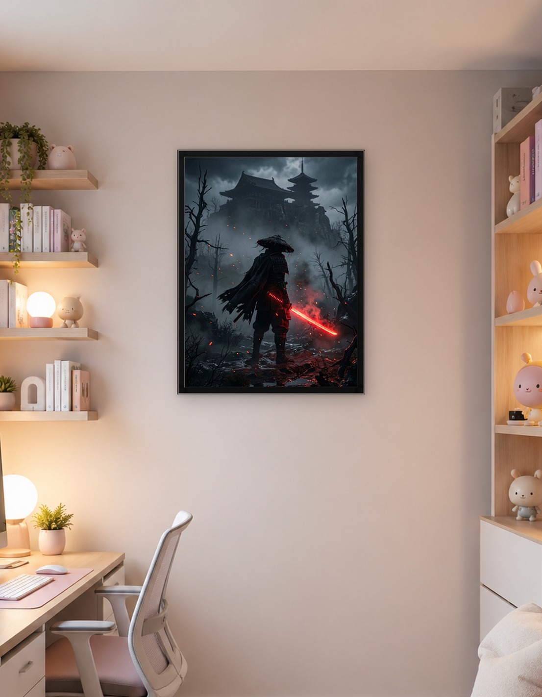 Samurai with glowing sword in a dark forest
