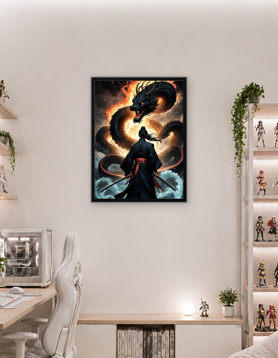 Samurai facing fiery dragon