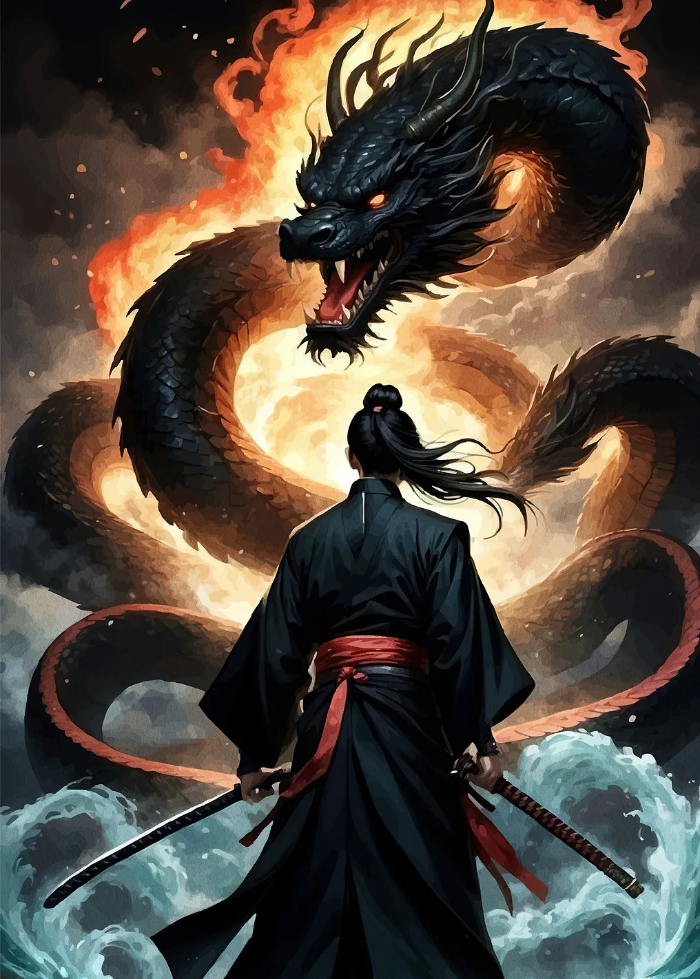 Samurai facing fiery dragon