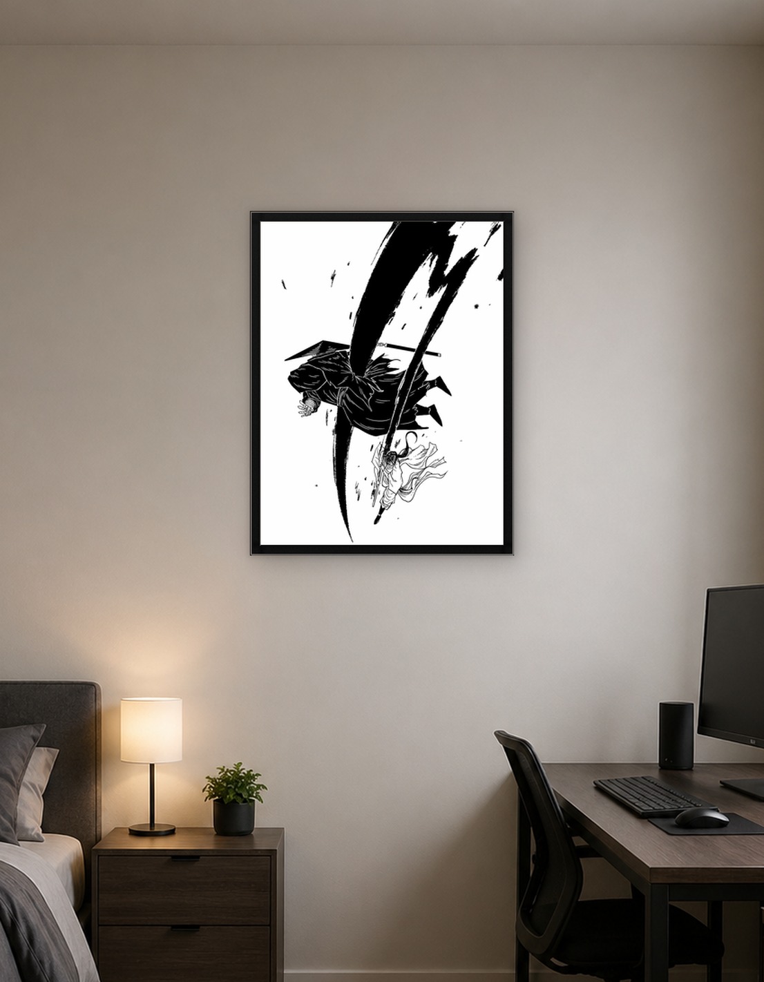 Samurai Battle with Black Ink Splatter