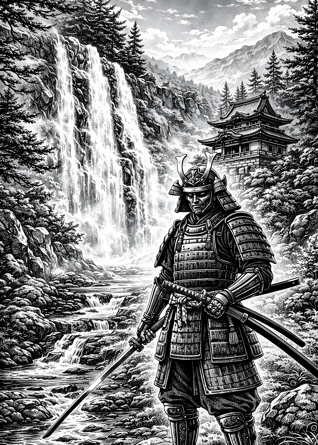 Самурай-воин в горном пейзаже