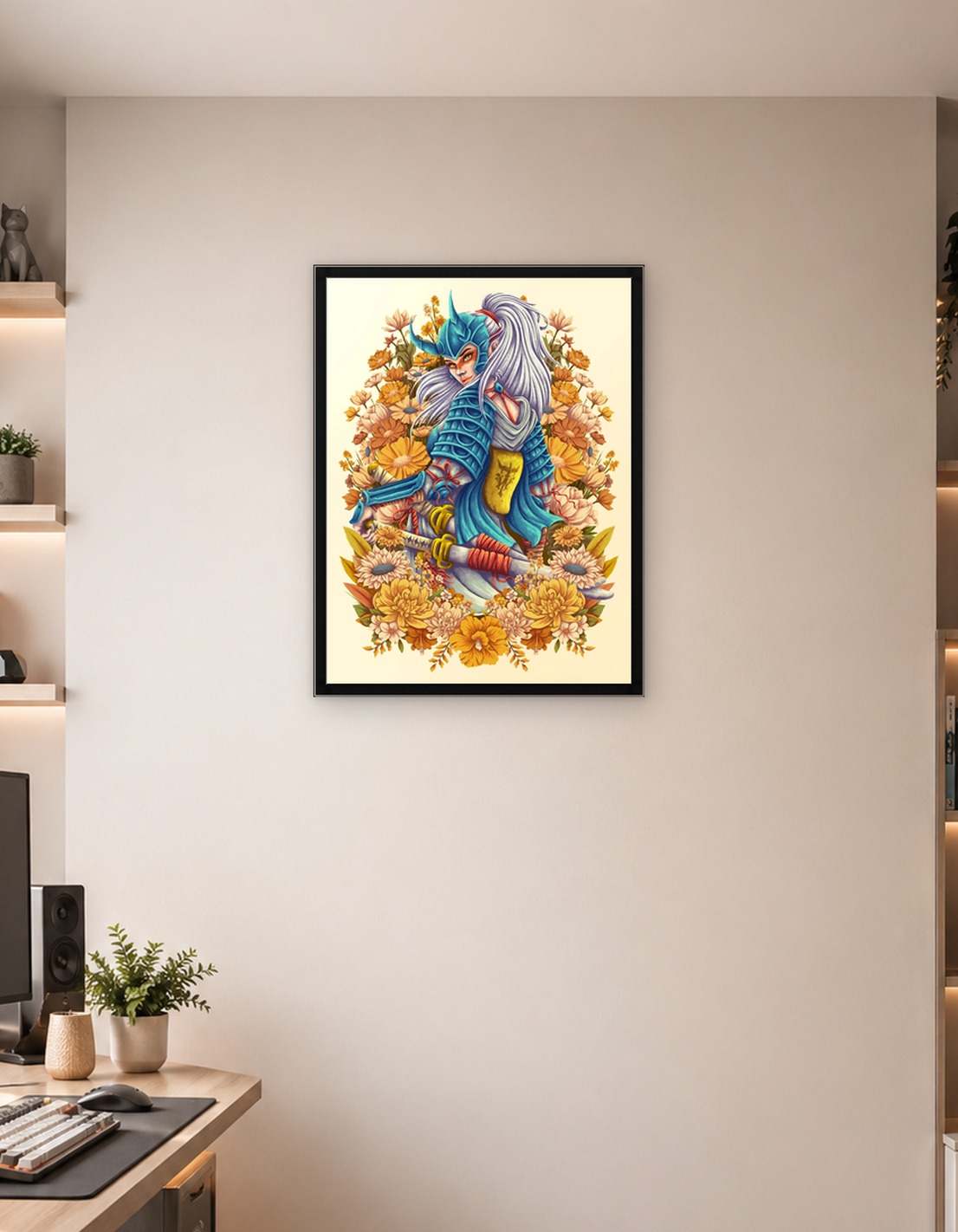 Samurai Warrior Surrounded by Flowers