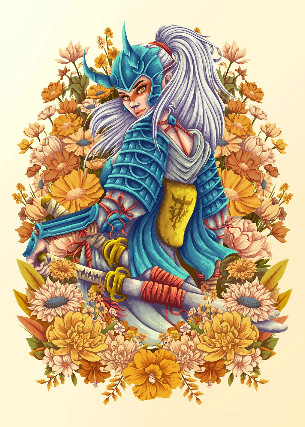 Samurai Warrior Surrounded by Flowers