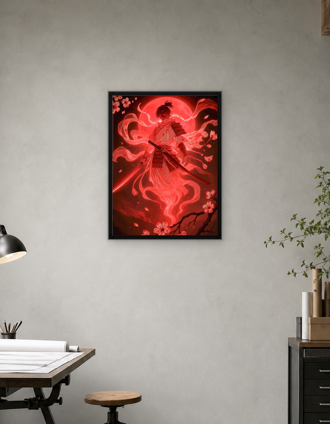 Samurai Warrior Under a Red Moon