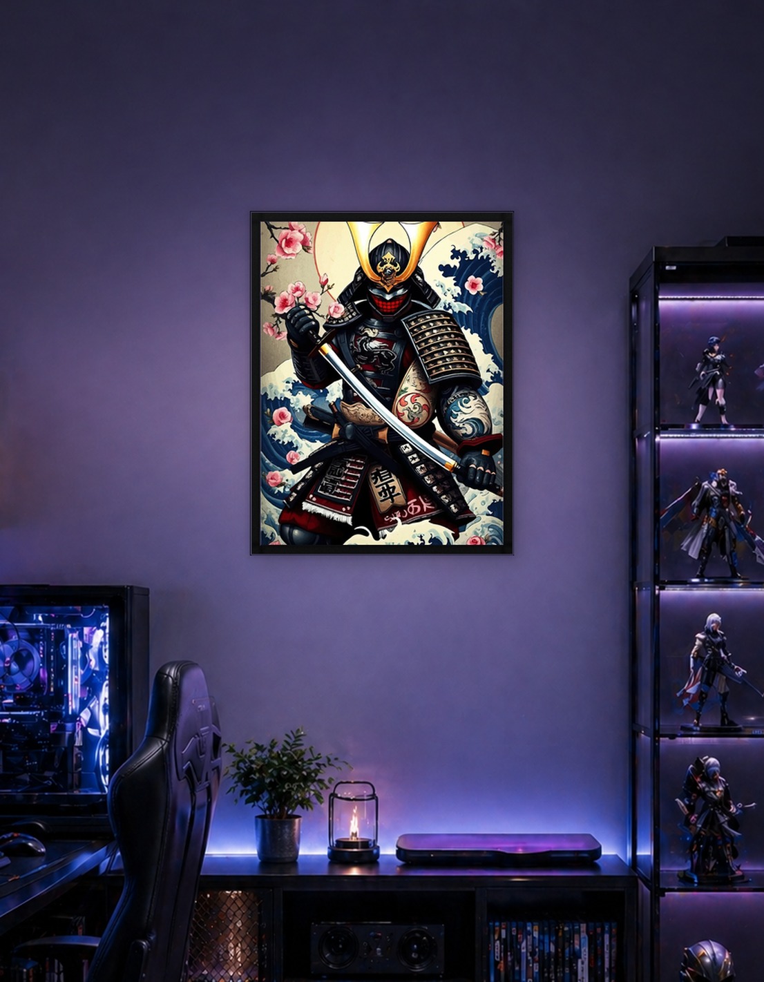 Samurai Warrior with Cherry Blossoms and Waves