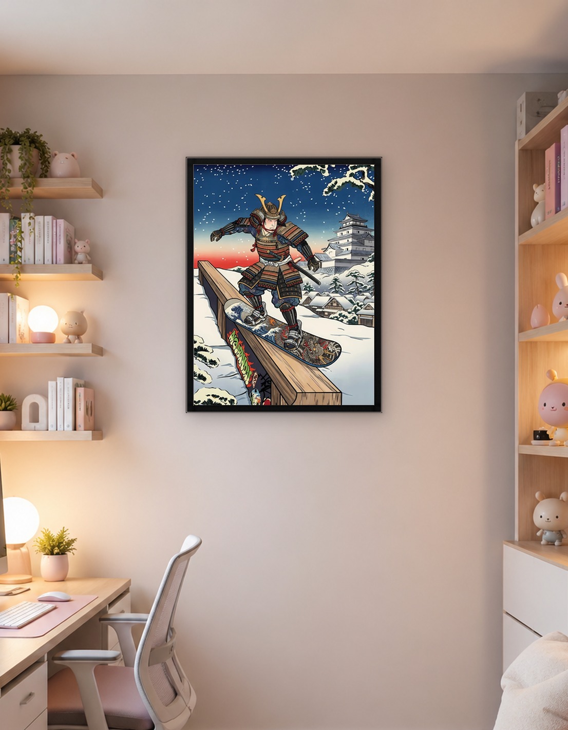 Samurai Snowboarder in Winter Landscape