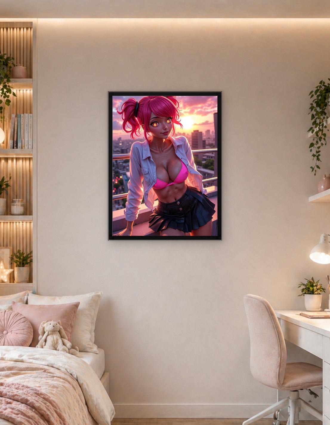 Sexy Anime Girl on Rooftop at Sunset