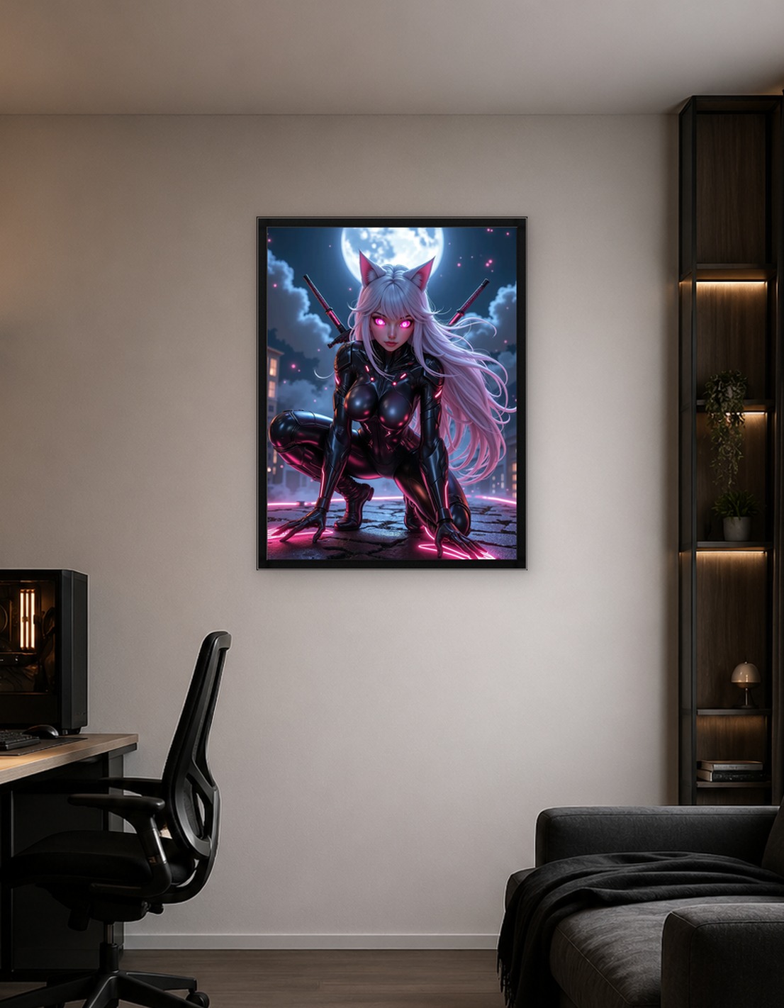 Sexy Anime Cyberpunk Cat Girl with Swords