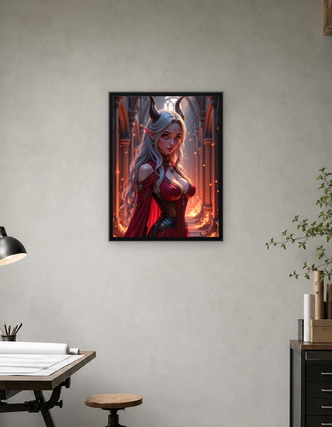 Sexy Anime Devil Girl in Fiery Cathedral