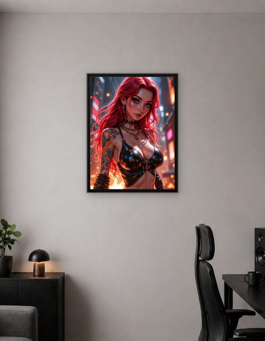 Sexy Anime Woman with Red Hair and Tattoos