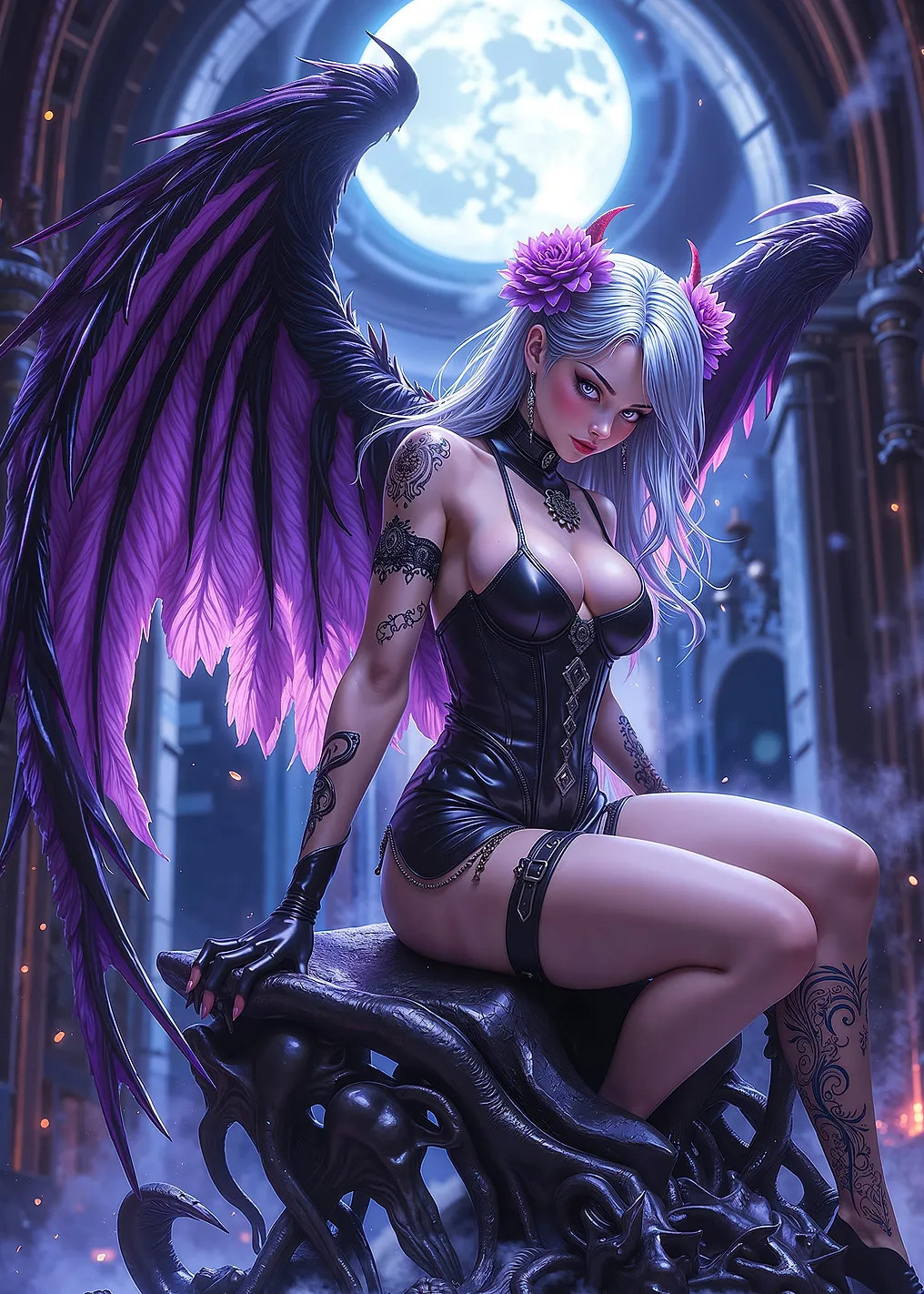 Sexy Anime Gothic Angel with Purple Wings