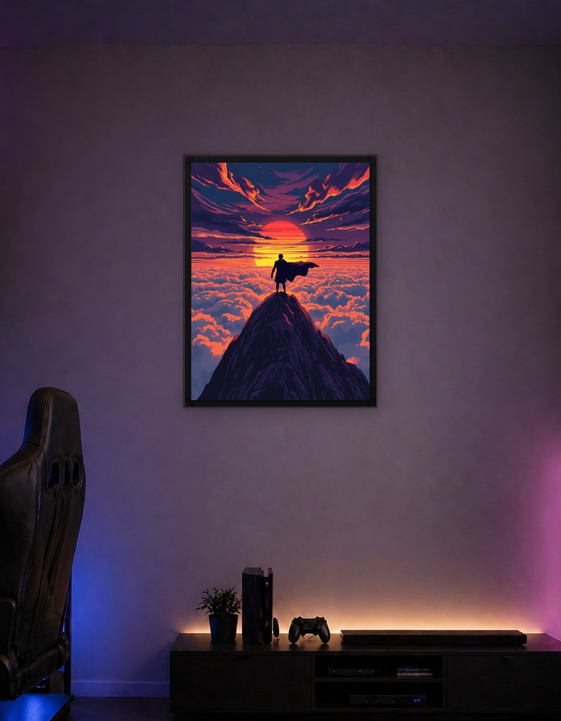 Silhouette on Mountain Peak at Sunset