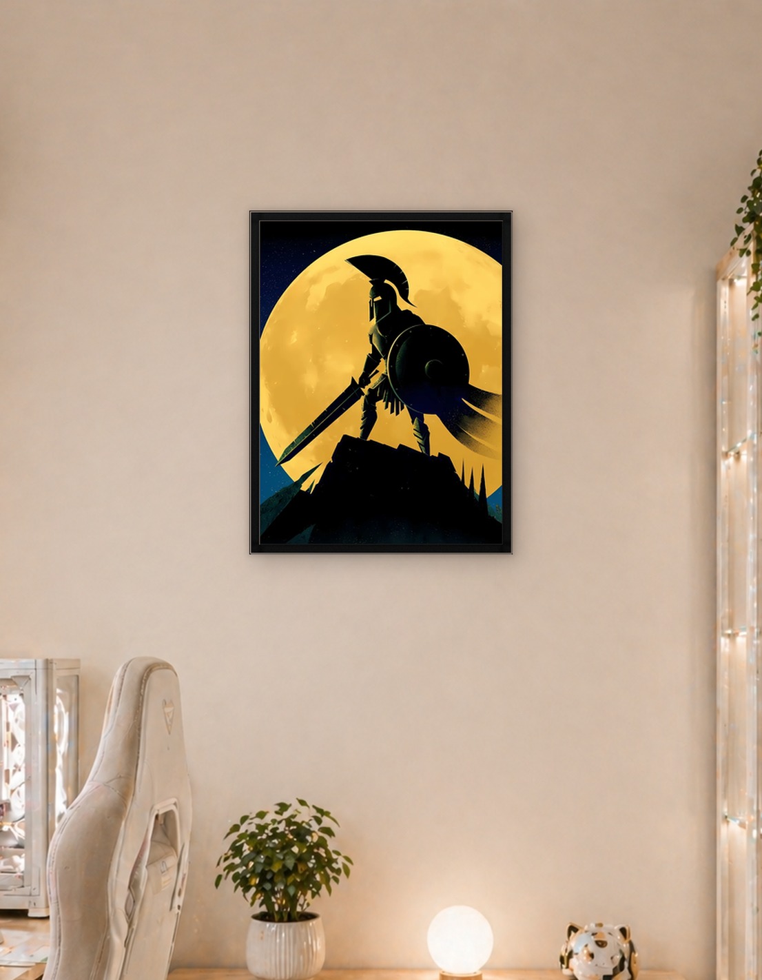 Spartan Warrior Silhouette Against Full Moon