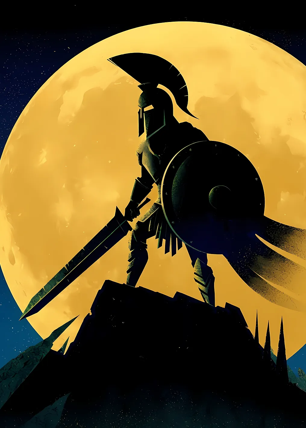 Spartan Warrior Silhouette Against Full Moon