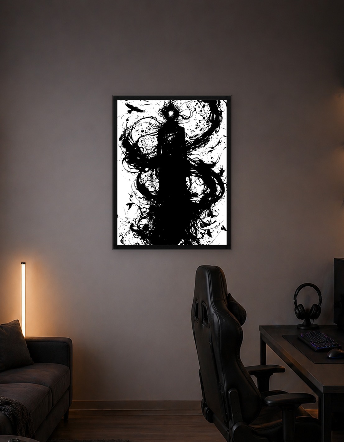 Silhouette Figure with Raven and Ink Splatters