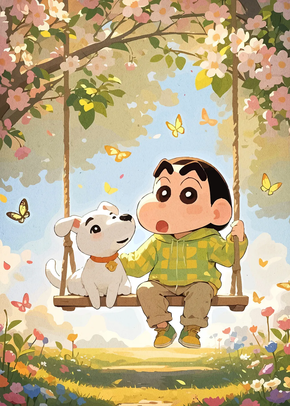 Shinchan and Shiro on a swing