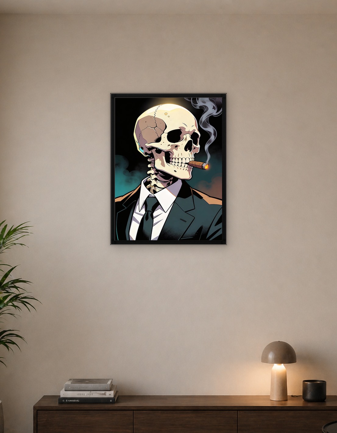 Skeleton in a Suit Smoking a Cigar
