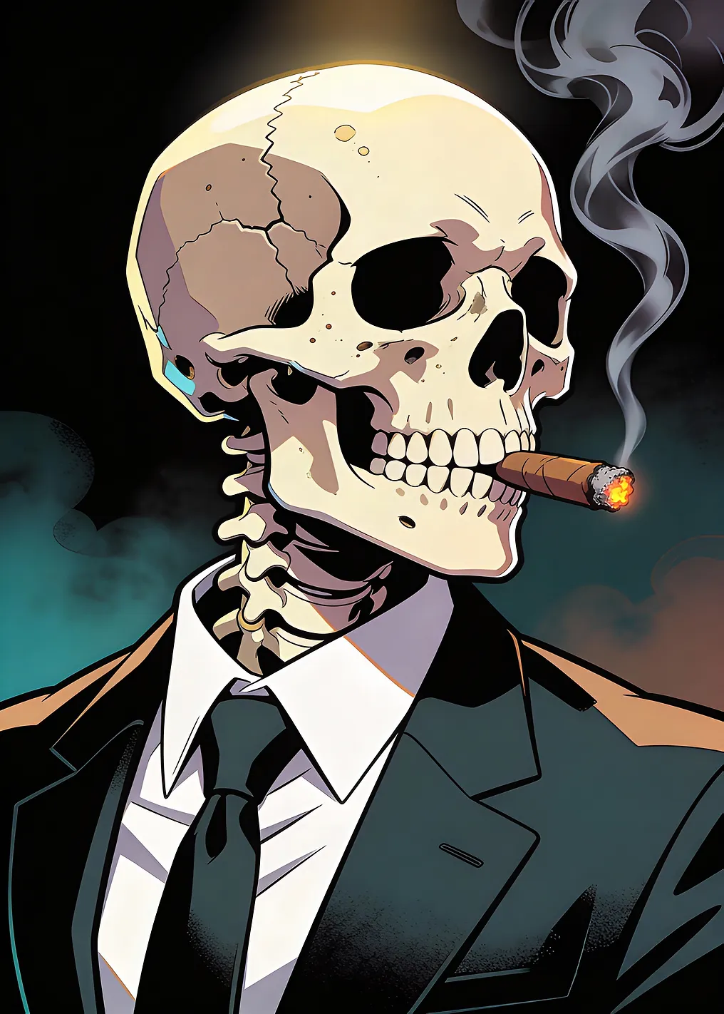 Skeleton in a Suit Smoking a Cigar