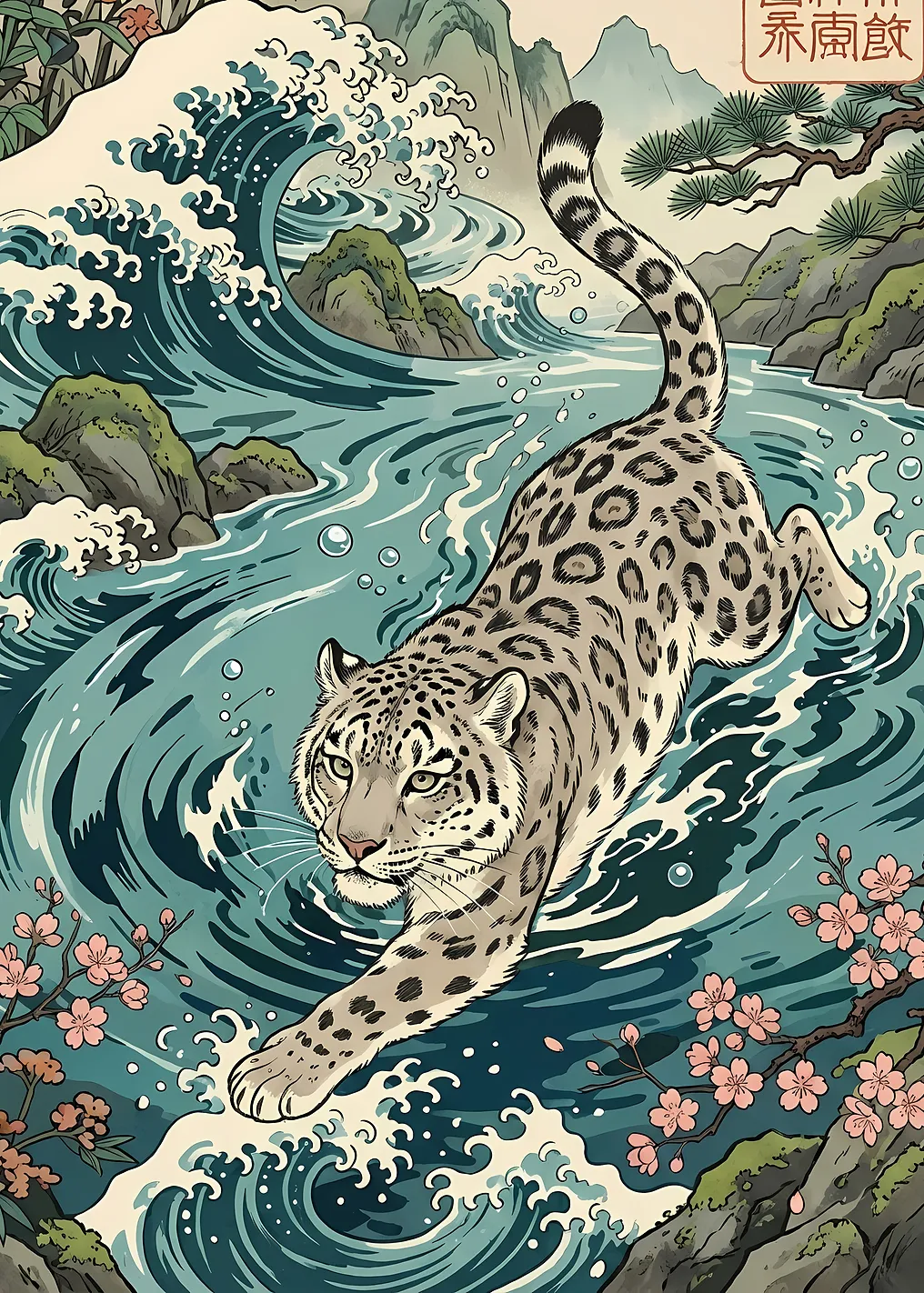 Snow Leopard in River Illustration