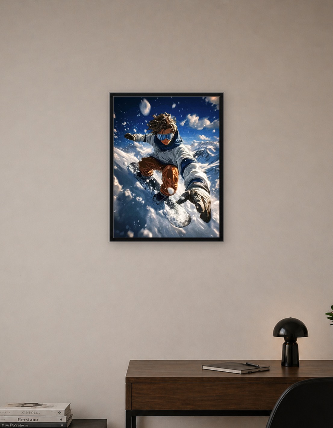 Snowboarder in Action on Snowy Mountain
