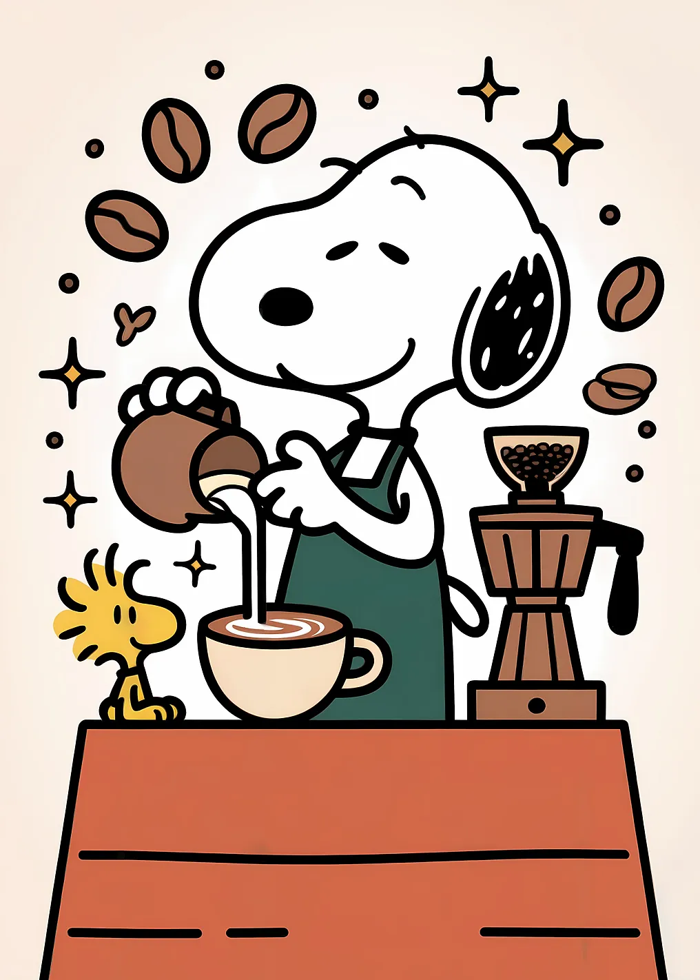 Снупи Бариста с Вудсток кофейный арт