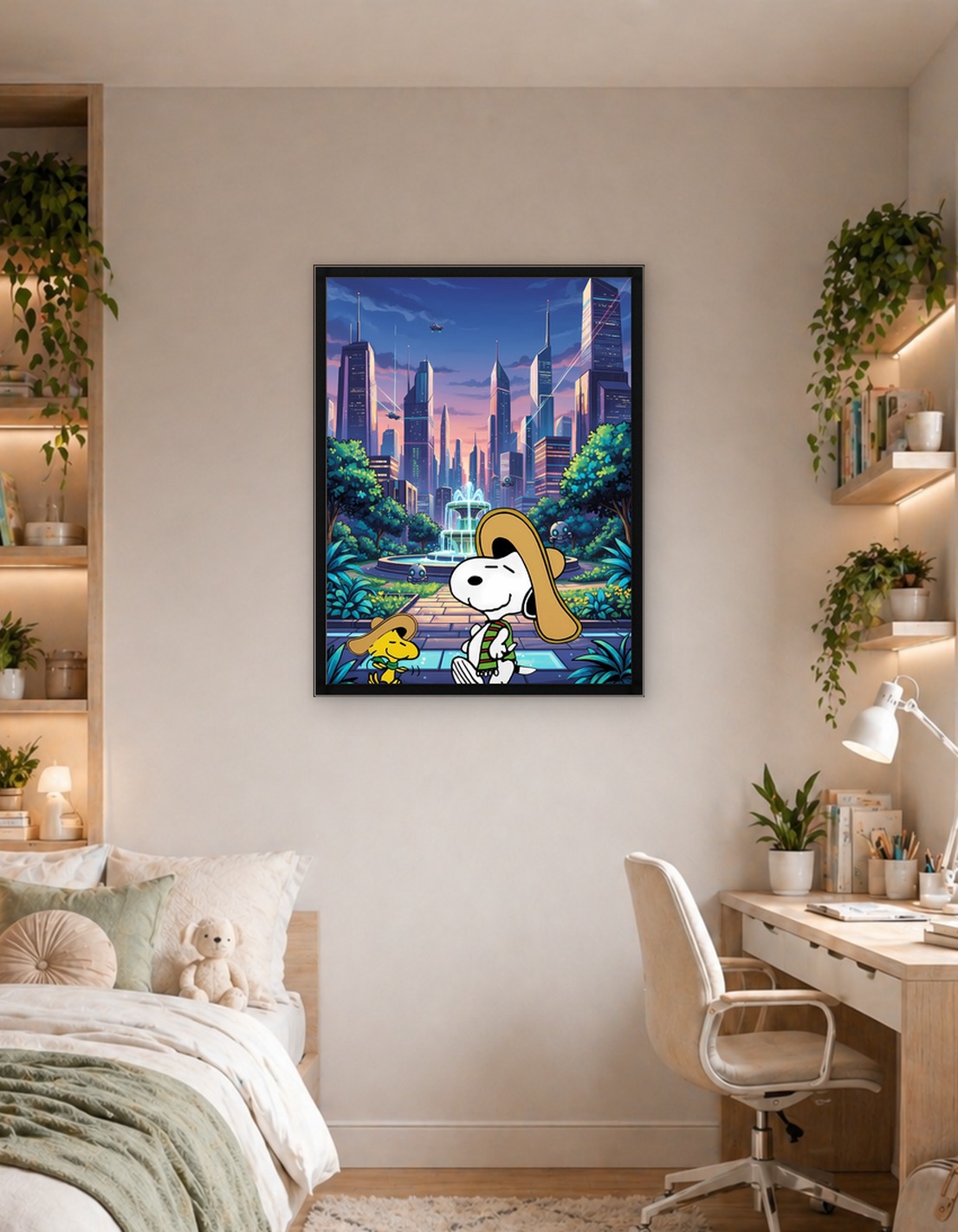 Snoopy and Woodstock in Futuristic City